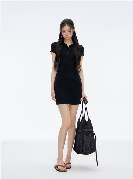 Muse Button Mini Dress- Black