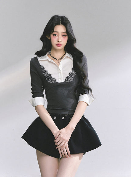 Lace-Collar Layered Knit Top