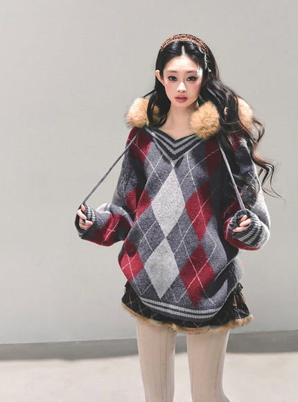 Argyle Fur Trim Knit Hoodie