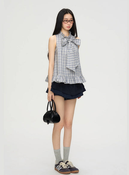 Big Bow Frill Hem Check Blous