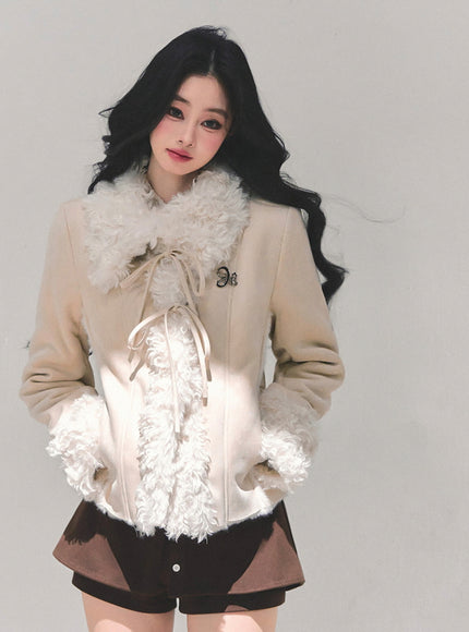 Furry Ribbon Charm Jacket - Apricot