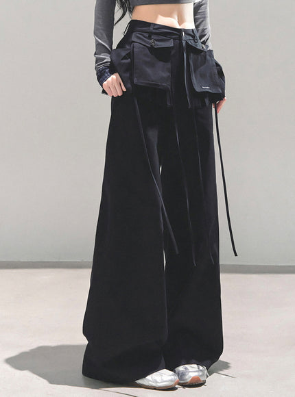 Utility Strap Wide-Leg Pants - Black