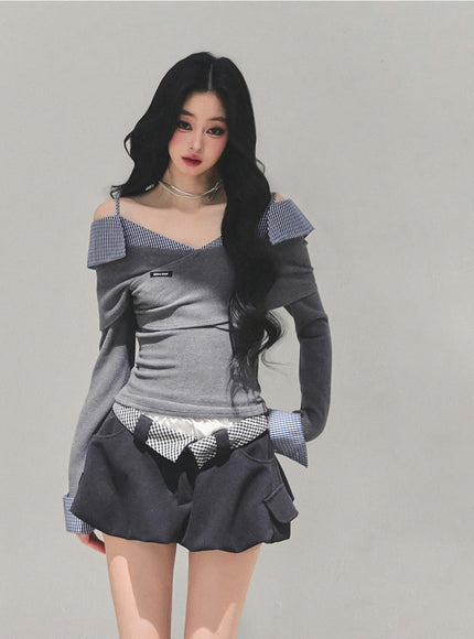 Off-Shoulder Shirt-Layer Knit Top