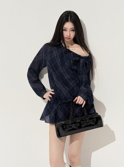 Lumi Check Ribbon Navy Mini Dress