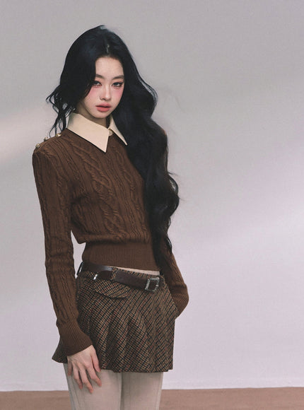 Preppy Layered Crop Knit -Brown