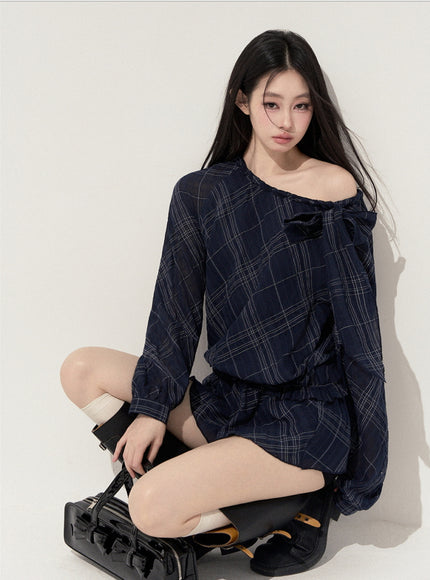 Lumi Check Ribbon Navy Mini Dress