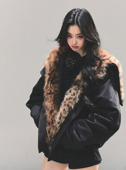 Faux Fur Trim Volume Jacket - Black