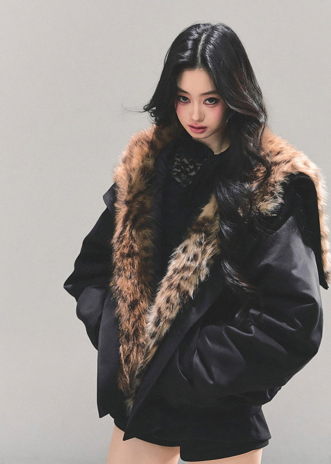 Faux Fur Trim Volume Jacket - Black
