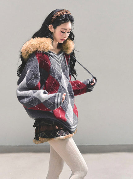 Argyle Fur Trim Knit Hoodie