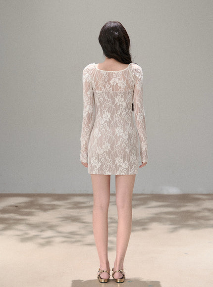 Sheer Ribbon Lace Slim Dress - White