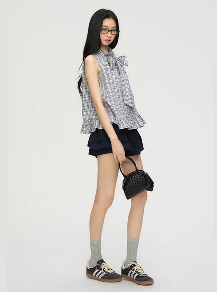 Big Bow Frill Hem Check Blous