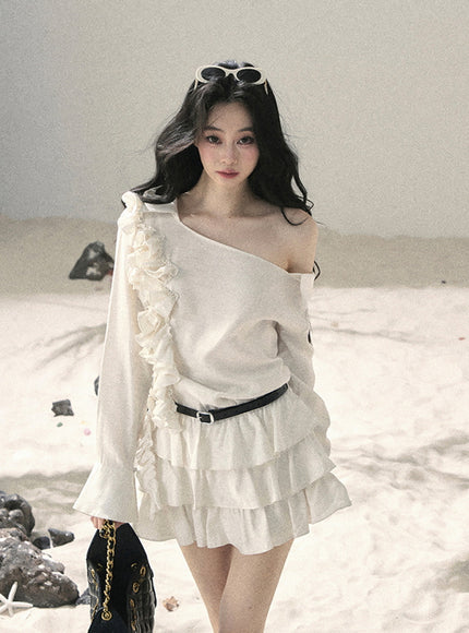 Ivory Ruffle Off Shoulder Muse Dress