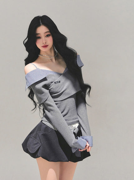 Off-Shoulder Shirt-Layer Knit Top