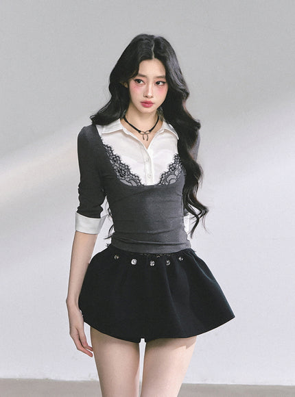 Lace-Collar Layered Knit Top