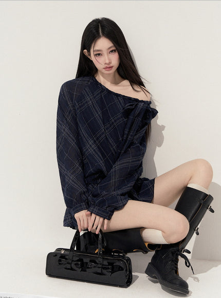 Lumi Check Ribbon Navy Mini Dress