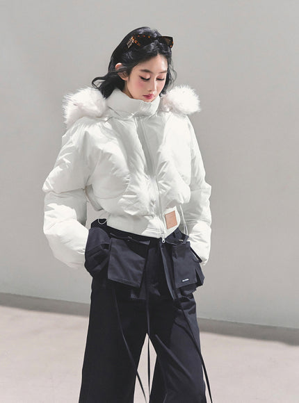 Minimal Fur Hood Puffer Jacket - Cream