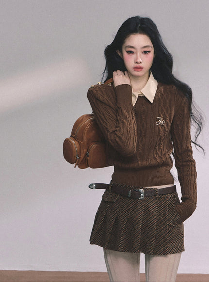 Preppy Layered Crop Knit -Brown