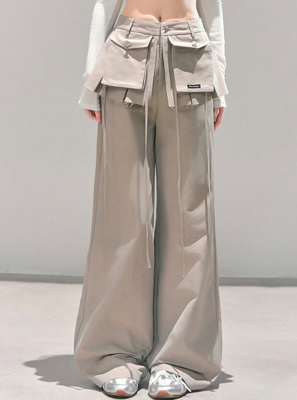 Utility Strap Wide-Leg Pants - Beige