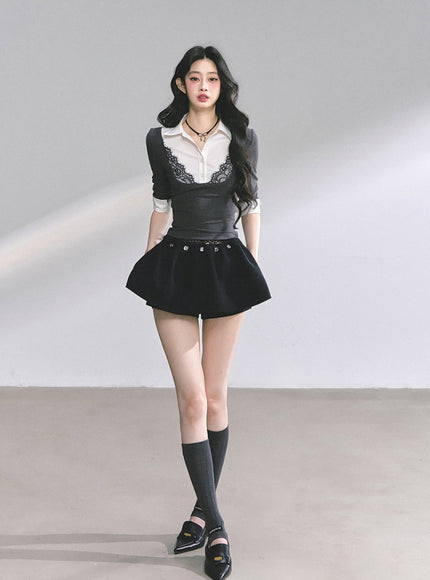 Lace-Collar Layered Knit Top