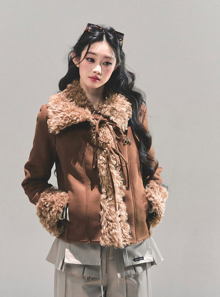 Furry Ribbon Charm Jacket - Brown