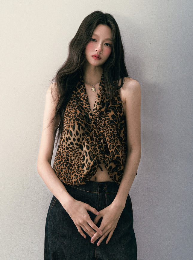 Leopard Halter Draped Top