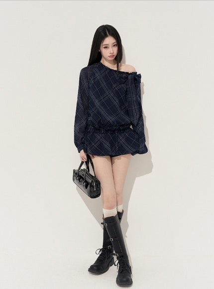 Lumi Check Ribbon Navy Mini Dress