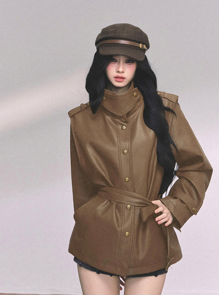 Command Charm Leather Jacket - Brown