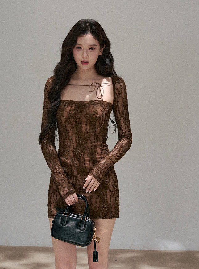 Sheer Ribbon Lace Slim Dress - Brown
