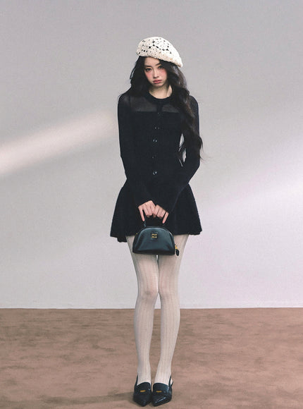 Black Veil Flare Knit Mini Dress