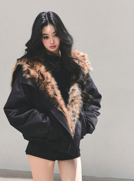 Faux Fur Trim Volume Jacket - Black