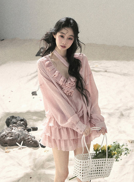 Feathered Silence Mini Dress Set - Pink