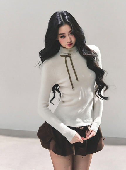 Ribbon Tie Turtleneck Knit - Apricot