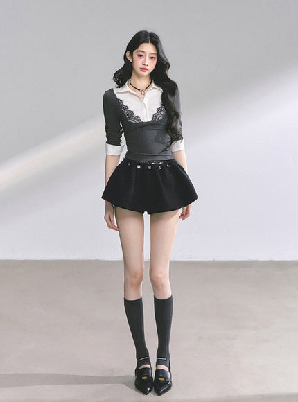 Lace-Collar Layered Knit Top