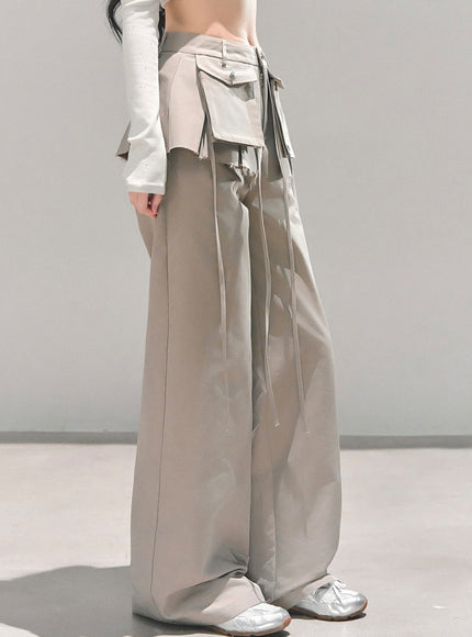 Utility Strap Wide-Leg Pants - Beige