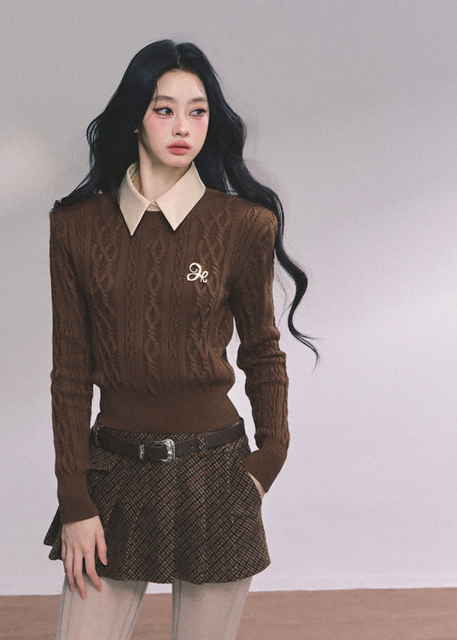 Preppy Layered Crop Knit -Brown