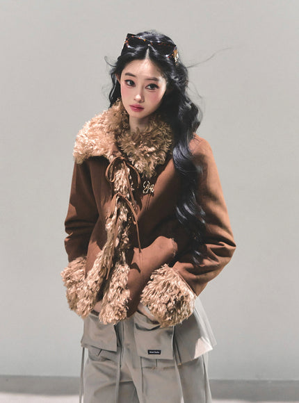 Furry Ribbon Charm Jacket - Brown