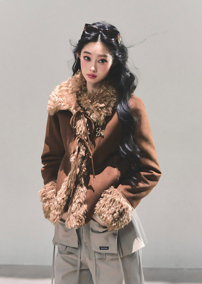 Furry Ribbon Charm Jacket - Brown