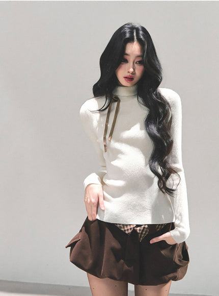 Ribbon Tie Turtleneck Knit - Apricot