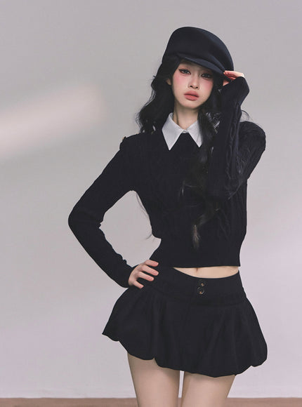 Preppy Layered Crop Knit - Black