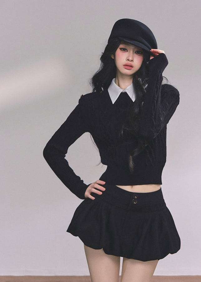 Preppy Layered Crop Knit - Black
