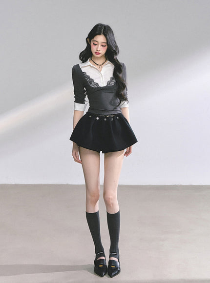 Lace-Collar Layered Knit Top