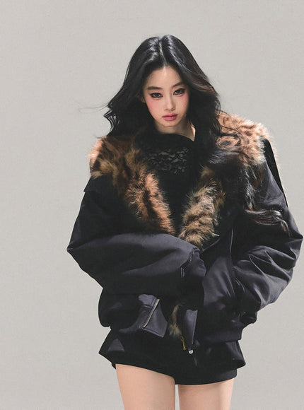 Faux Fur Trim Volume Jacket - Black
