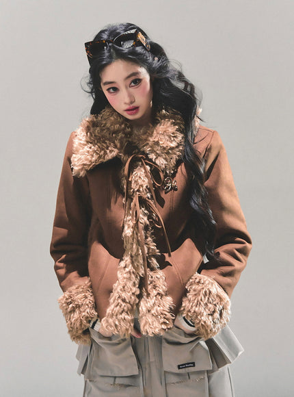 Furry Ribbon Charm Jacket - Brown