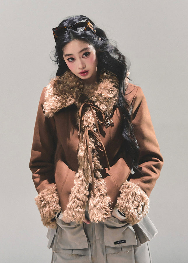Furry Ribbon Charm Jacket - Brown