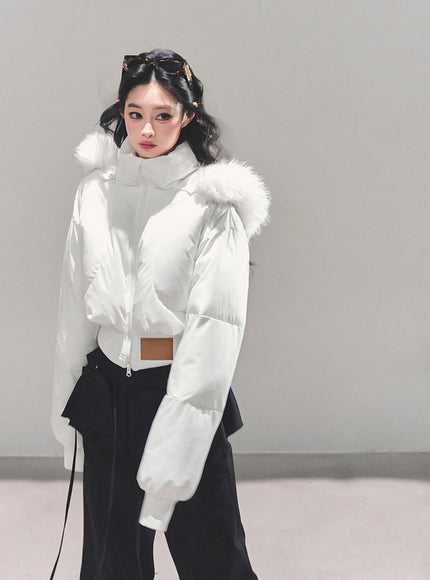 Minimal Fur Hood Puffer Jacket - Cream
