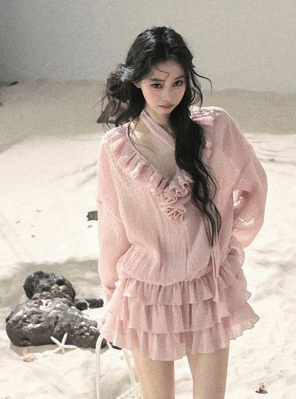 Feathered Silence Mini Dress Set - Pink