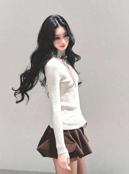 Ribbon Tie Turtleneck Knit - Apricot