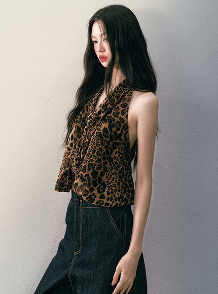 Leopard Halter Draped Top