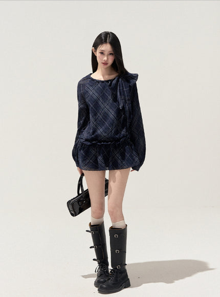Lumi Check Ribbon Navy Mini Dress