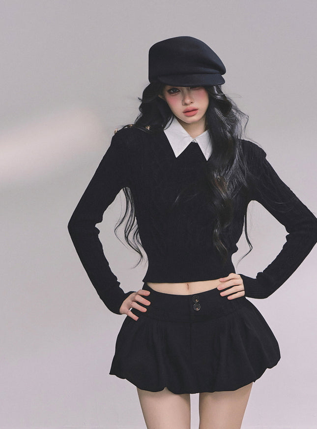 Preppy Layered Crop Knit - Black